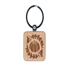 Fall Autumn Pumpkin in Wreath Engraved Wood Square Keychain Tag Charm