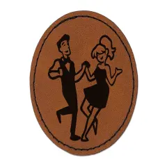 Happy Dancing Couple Round Iron-On Engraved Faux Leather Patch Applique - 2.5" Brown