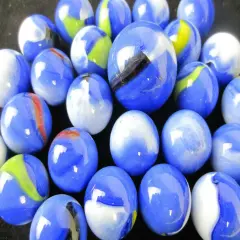 25 Glass Marbles BLUE DOLPHIN White/Green/Red Shooter Patch game marble lot