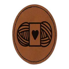 Darling Skein of Yarn Crocheting Knitting Yarn Crafts Round Iron-On Engraved Faux Leather Patch Applique - 2.5" Brown