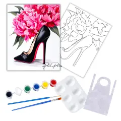 "Pink Flowers and Pumps" DIY Canvas Art Kit, Adult Beginner, Acrylic Paint Size 11x14 inch