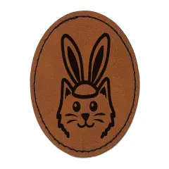 Easter Cat with Bunny Ears Round Iron-On Engraved Faux Leather Patch Applique - 2.5" Brown