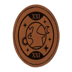 The World Tarot Card Round Iron-On Engraved Faux Leather Patch Applique - 2.5" Brown