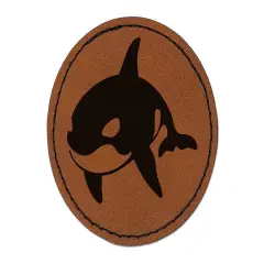 Orca Killer Whale Round Iron-On Engraved Faux Leather Patch Applique - 2.5" Brown