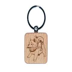 Samurai Dog Shiba Inu with Knife Engraved Wood Square Keychain Tag Charm