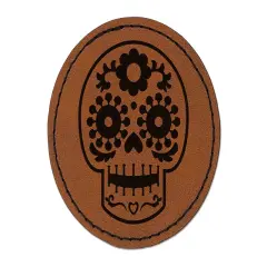 Happy Floral Sugar Skull Dia De Los Muertos Round Iron-On Engraved Faux Leather Patch Applique - 2.5" Brown