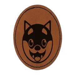 Husky Dog Face Excited Round Iron-On Engraved Faux Leather Patch Applique - 2.5" Brown