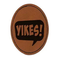 Yikes Callout Speech Bubble Round Iron-On Engraved Faux Leather Patch Applique - 2.5" Brown