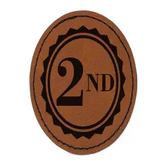 Second 2nd Place Circle Award Round Iron-On Engraved Faux Leather Patch Applique - 2.5" Brown