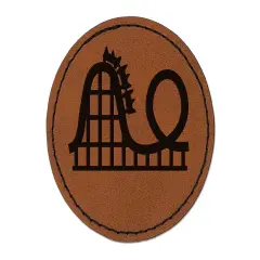 Roller Coaster Amusement Park Round Iron-On Engraved Faux Leather Patch Applique - 2.5" Brown