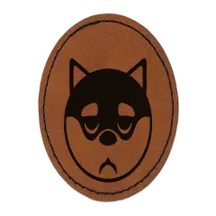 Husky Dog Face Sleepy Tired Round Iron-On Engraved Faux Leather Patch Applique - 2.5" Brown