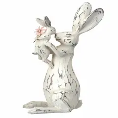 15" Handcrafted Bunny Kissing Figurine &ndash; Distressed White Rabbit Statue with Baby and Flower