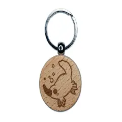 Swimming Kawaii Chibi Duck Billed Platypus Engraved Wood Round Keychain Tag Charm