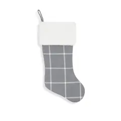 Farmhouse Windowpane Plaid Faux Fur Christmas Stocking Grey and White Plaid