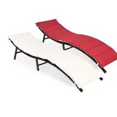 Foldable Wicker Chaise Lounge Set with Cushions, Steel Frame, Red/Turquoise - No Assembly Required,
