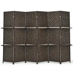 6 Panel Folding Weave Fiber Room Divider with 2 Display Shelves Brown