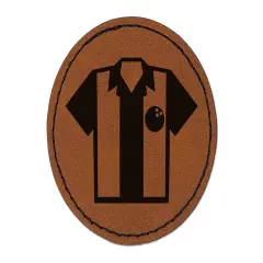 Bowling Shirt Striped Retro Style Round Iron-On Engraved Faux Leather Patch Applique - 2.5" Brown