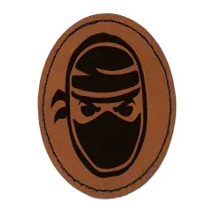 Sneaky Ninja Face Round Iron-On Engraved Faux Leather Patch Applique - 2.5" Brown