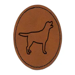 Labrador Retriever Dog Outline Round Iron-On Engraved Faux Leather Patch Applique - 2.5" Brown