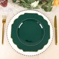 10 Pcs 12" Disposable Baroque Plastic Dinner Plates with Gold Rim Hunter green