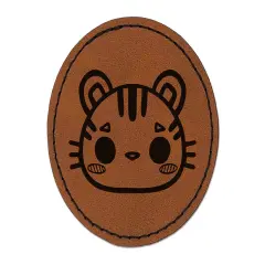 Charming Kawaii Chibi Tiger Face Blushing Cheeks Round Iron-On Engraved Faux Leather Patch Applique - 2.5" Brown
