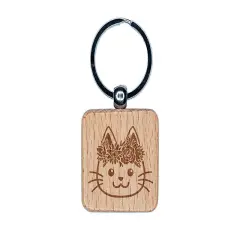 Cat Wearing a Flower Crown Engraved Wood Square Keychain Tag Charm