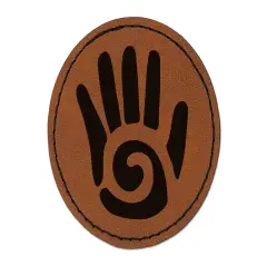 Southwestern Style Tribal Hand with Swirl Round Iron-On Engraved Faux Leather Patch Applique - 2.5" Brown