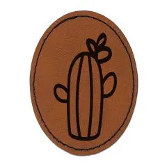 Cactus Succulent with Flower Doodle Round Iron-On Engraved Faux Leather Patch Applique - 2.5" Brown