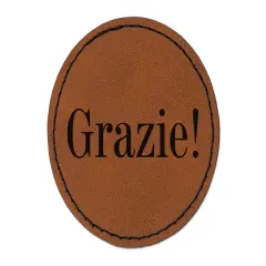 Grazie Italian Thank You Round Iron-On Engraved Faux Leather Patch Applique - 2.5" Brown