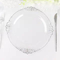 10 Pcs Disposable Plastic Salad Dinner Plates Embossed Baroque Trim Party Clear and silver
