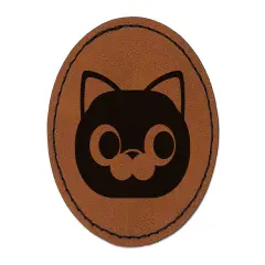 Round Cat Face Side Eye Round Iron-On Engraved Faux Leather Patch Applique - 2.5" Brown