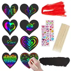 Rainbow Magic Scratch Art Set, 28 Heart Scratch Paper with Ribbons for Valentines Decorations, Scratch Art for Kids Class with 2Pcs 3D Stickers, Valentines Day Gifts for Kids (28 PCS Valentine Craft)