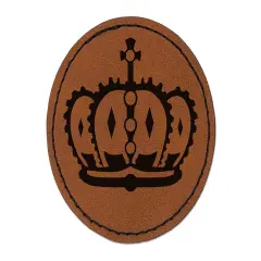 King Queen Royal Crown Round Iron-On Engraved Faux Leather Patch Applique - 2.5" Brown