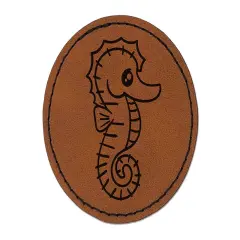 Kawaii Seahorse Round Iron-On Engraved Faux Leather Patch Applique - 2.5" Brown
