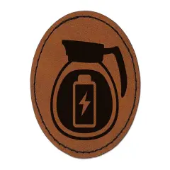 Charging Power Coffee Pot Round Iron-On Engraved Faux Leather Patch Applique - 2.5" Brown