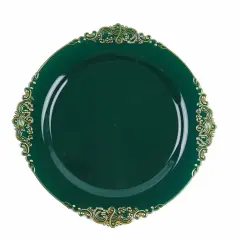 10 Pcs Disposable Plastic Salad Dinner Plates Embossed Baroque Trim Party Hunter green
