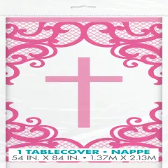 Fancy Pink Cross Rectangular Plastic Table Cover, 54" x 84", 1ct