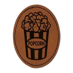Big Bucket of Popcorn Movie Theater Round Iron-On Engraved Faux Leather Patch Applique - 2.5" Brown