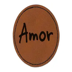 Amor Love Spanish Round Iron-On Engraved Faux Leather Patch Applique - 2.5" Brown