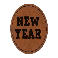 New Year Fun Text Round Iron-On Engraved Faux Leather Patch Applique - 2.5" Brown