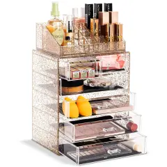 Sorbus 2 Piece Acrylic Makeup and Jewelry Storage Organizer Case (6 Drawers and Lipstick Tray) Glitter