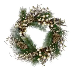 Northlight Acorn and Pine Cone Flocked Pine Needle Artificial Christmas Wreath - 22" - Unlit Green