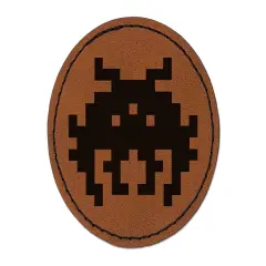 Retro Invaders from Space Bug Alien Round Iron-On Engraved Faux Leather Patch Applique - 2.5" Brown