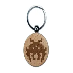 Retro Invaders from Space Bug Alien Engraved Wood Round Keychain Tag Charm