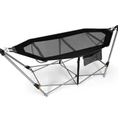 Outdoor Folding Hammock Bed with Breathable Fabric Metal Frame and Side Pocket Storage Black