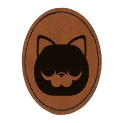 Round Cat Face Sleepy Round Iron-On Engraved Faux Leather Patch Applique - 2.5" Brown