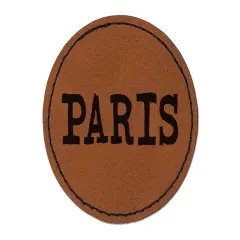 Paris Fun Text Round Iron-On Engraved Faux Leather Patch Applique - 2.5" Brown