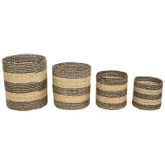 Northlight Set of 4 Beige and Black Striped Woven Round Seagrass Baskets 12"