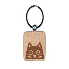 Peeking Black Cat Engraved Wood Square Keychain Tag Charm