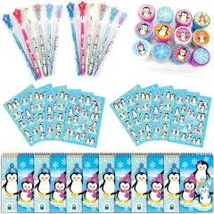 TINYMILLS Penguins Birthday Party Favor Set (12 multi-point pencils, 12 stampers, 12 sticker sheets, 12 small spiral notepads)